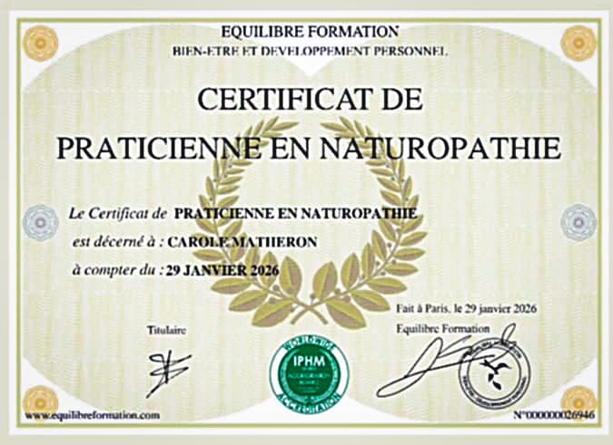 Diplôme de certification en naturopathie obtenu par Carole à Lambesc.