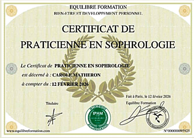 Certification de Praticienne en Sophrologie de Carole Matheron - Équilibre Formation